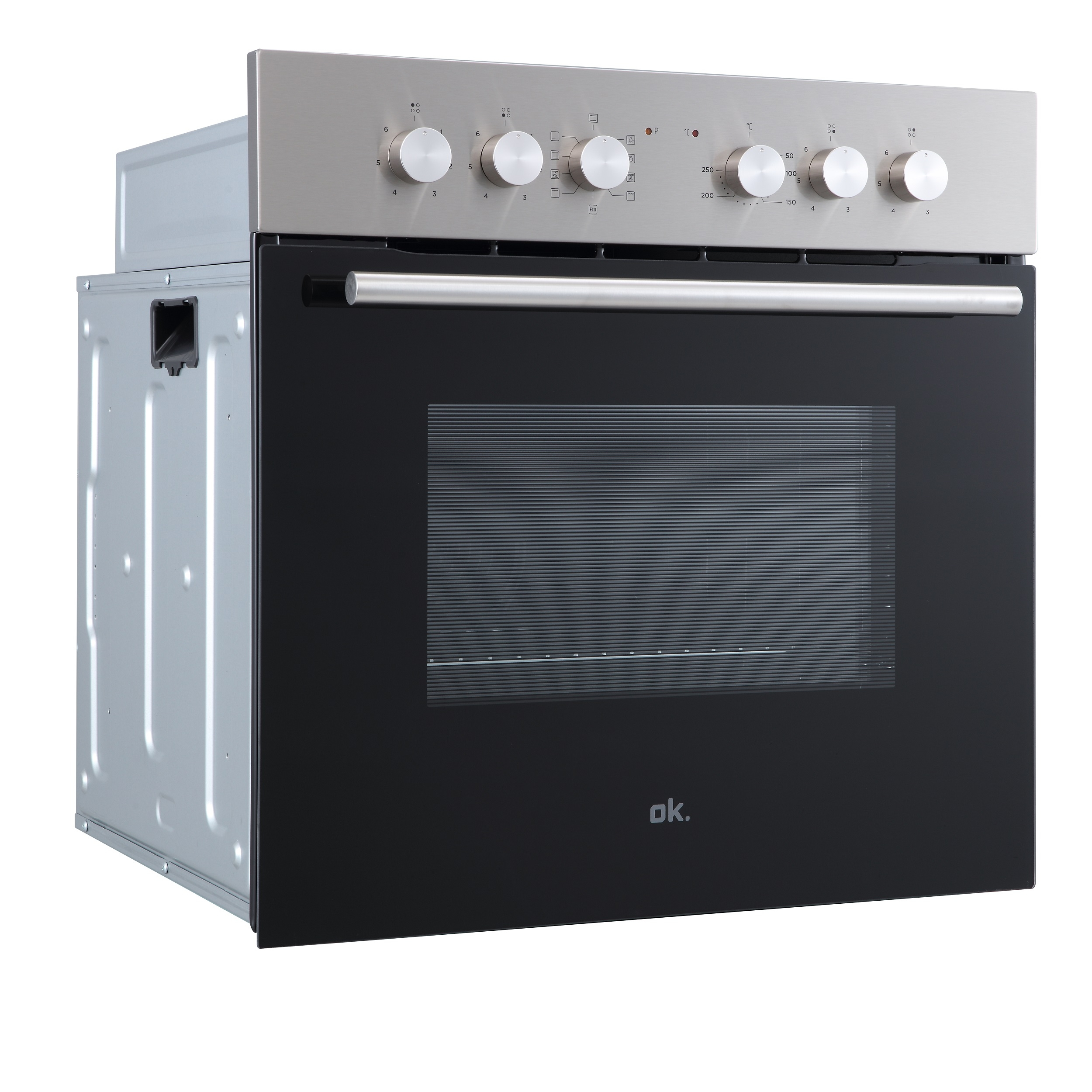 Ein moderner Einbaubackofen mit Edelstahlfront, schwarzer Glastür und Bedienknöpfen.