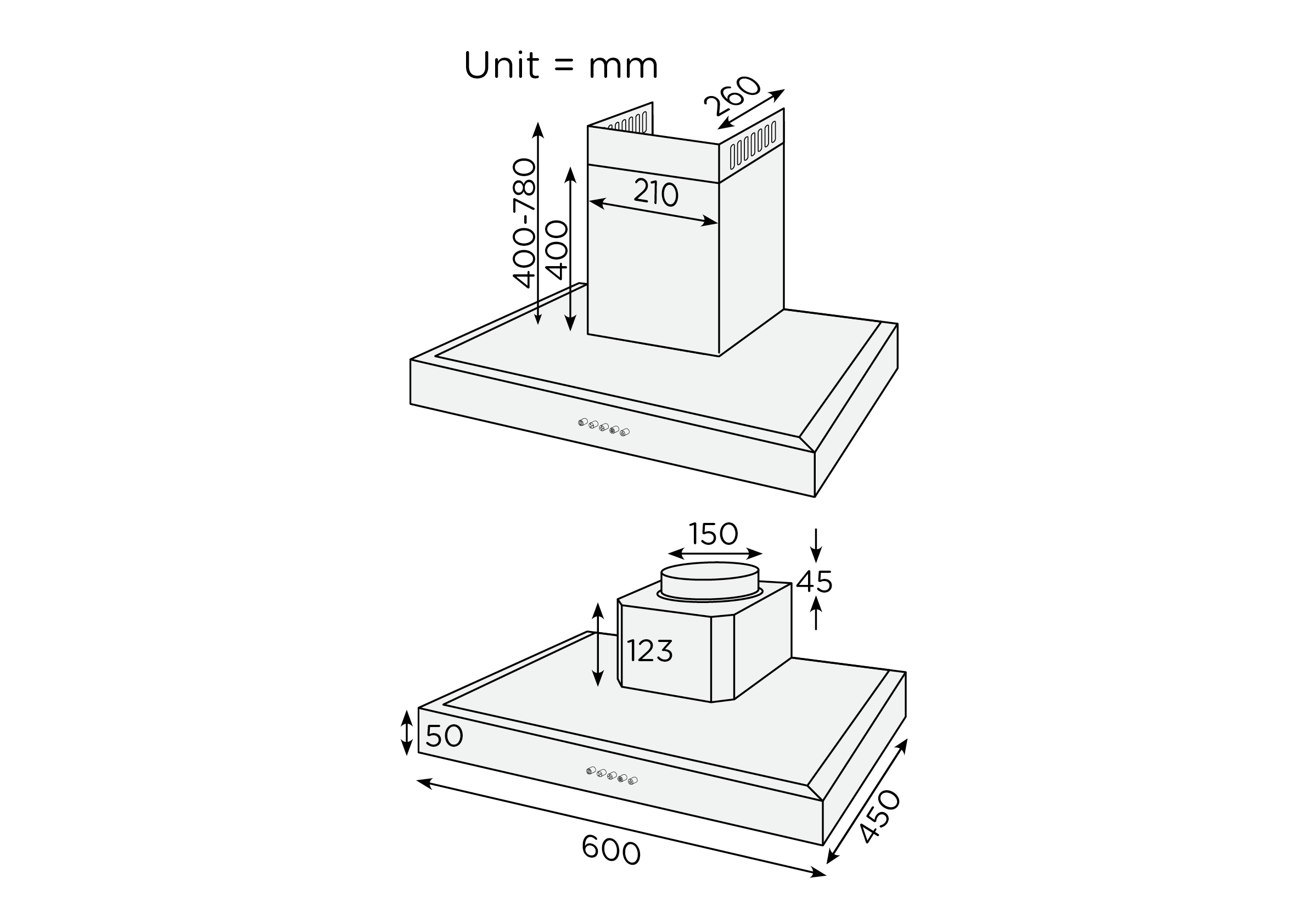 Abmessungen eines Küchenabzugs in mm: 600x450 Grundfläche, 400-780 Höhe.