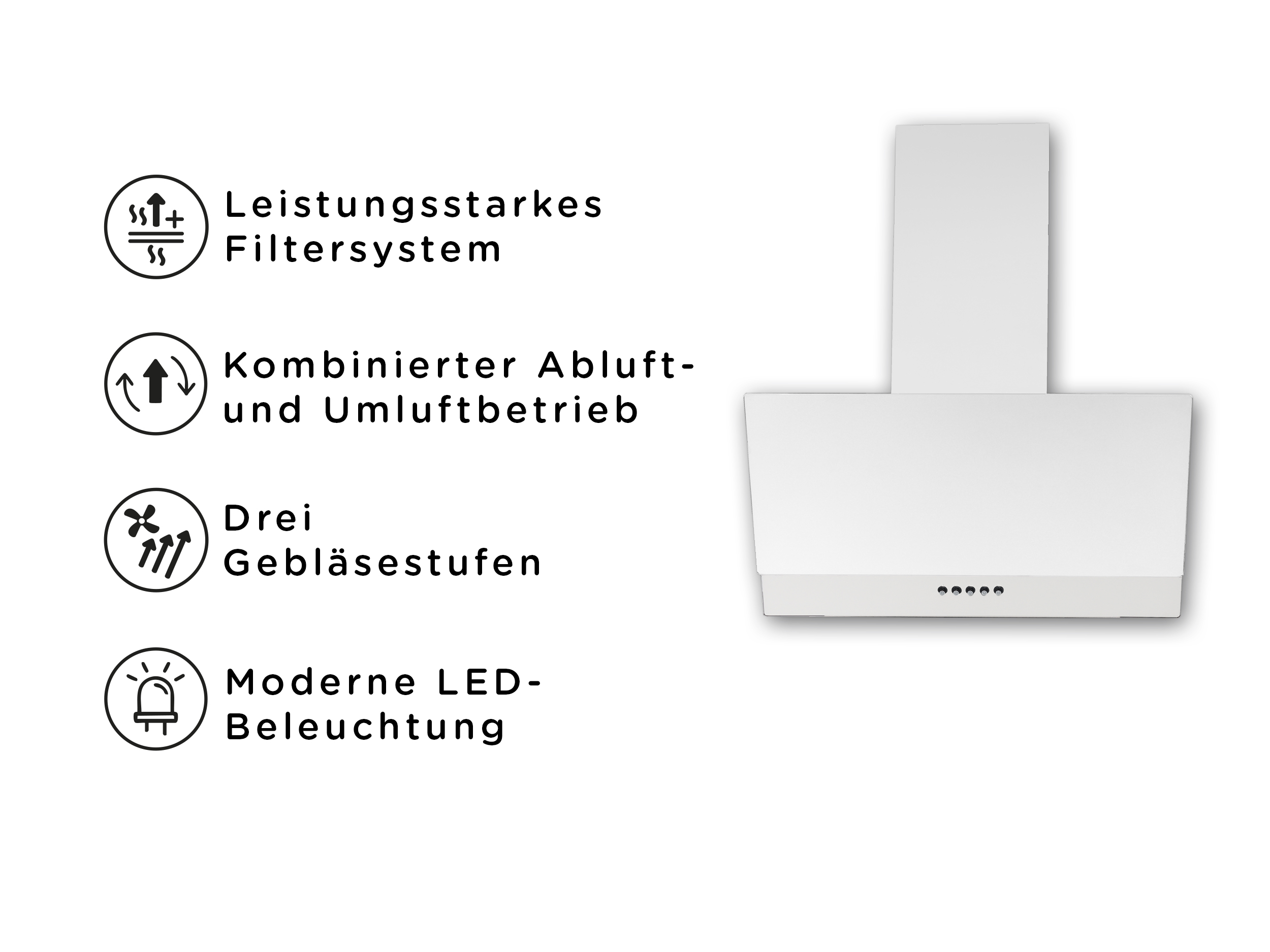 Ein weißer Dunstabzugshaube mit Icons für Filter, Abluft/Umluft, Lüfterstufen und LED-Beleuchtung.
