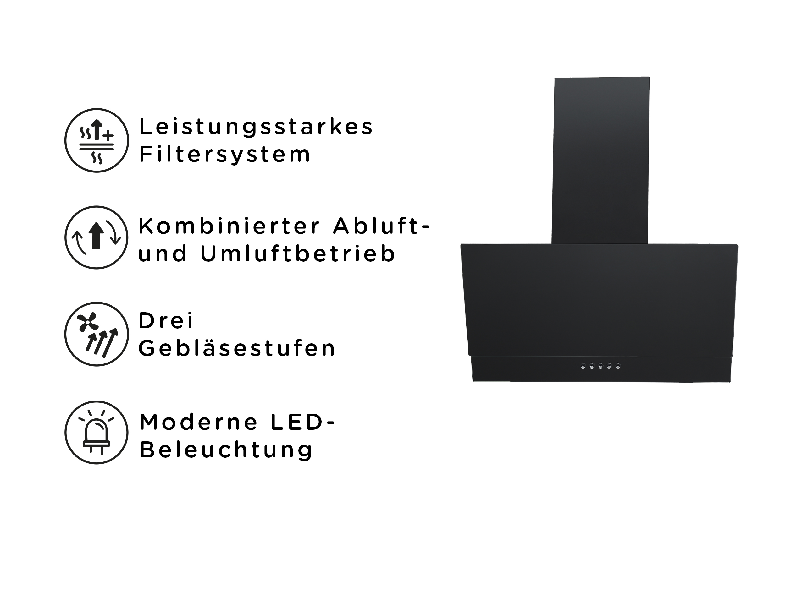 Schwarze Dunstabzugshaube mit Symbolen für Filter, Abluft/Umluft, Gebläsestufen, LED-Licht.