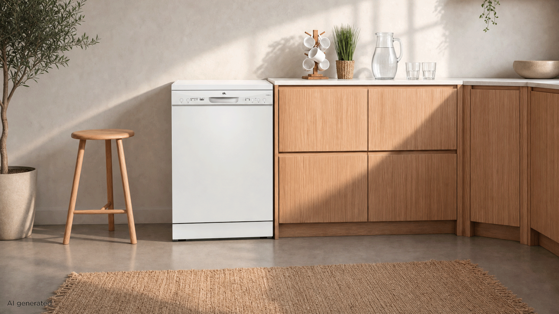 Moderne Küche mit weißer Spülmaschine, Holzschrank, Hocker und Pflanze.