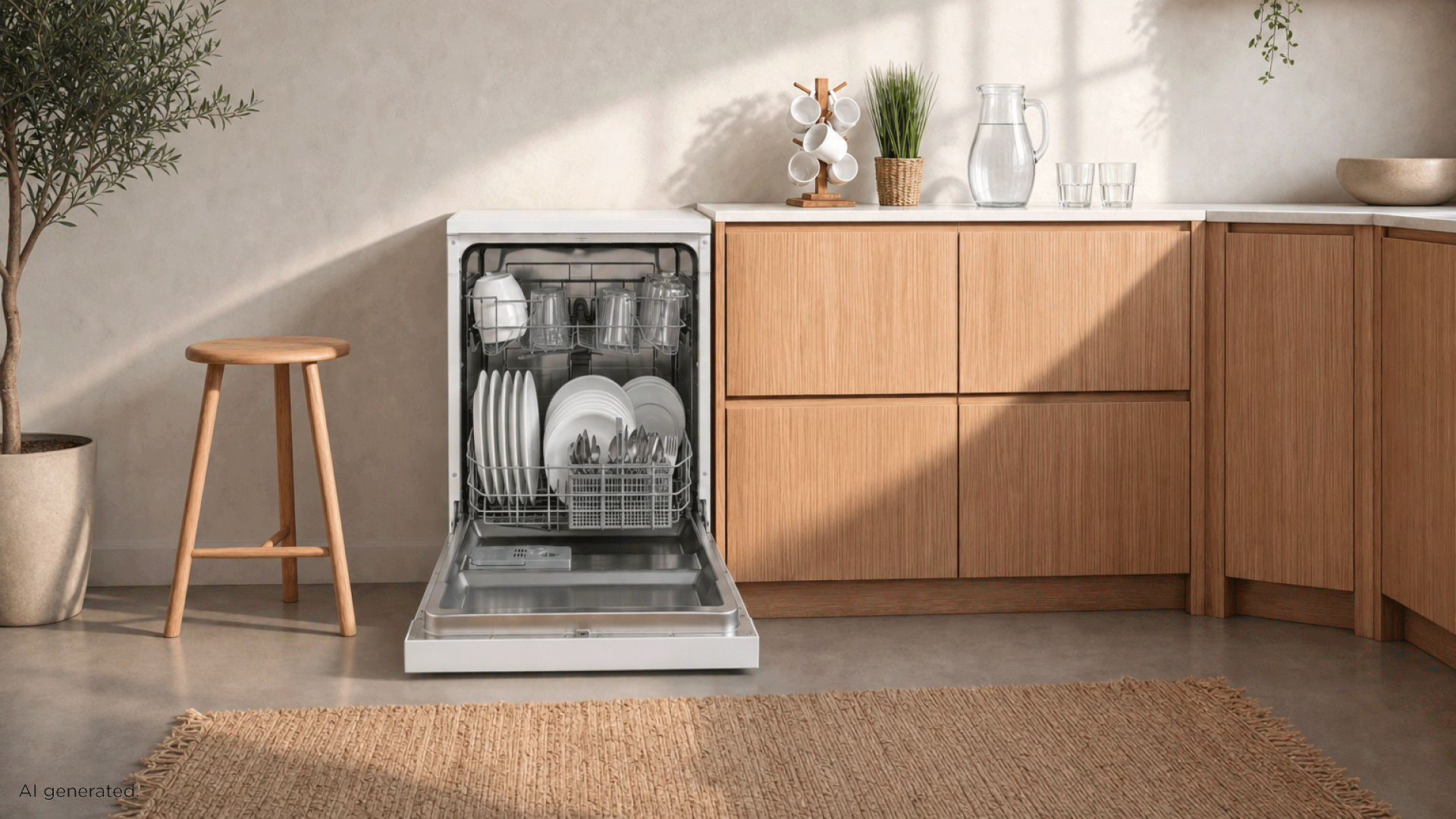 Offene Spülmaschine mit Geschirr, Hocker, Pflanze und Küchenschränken.