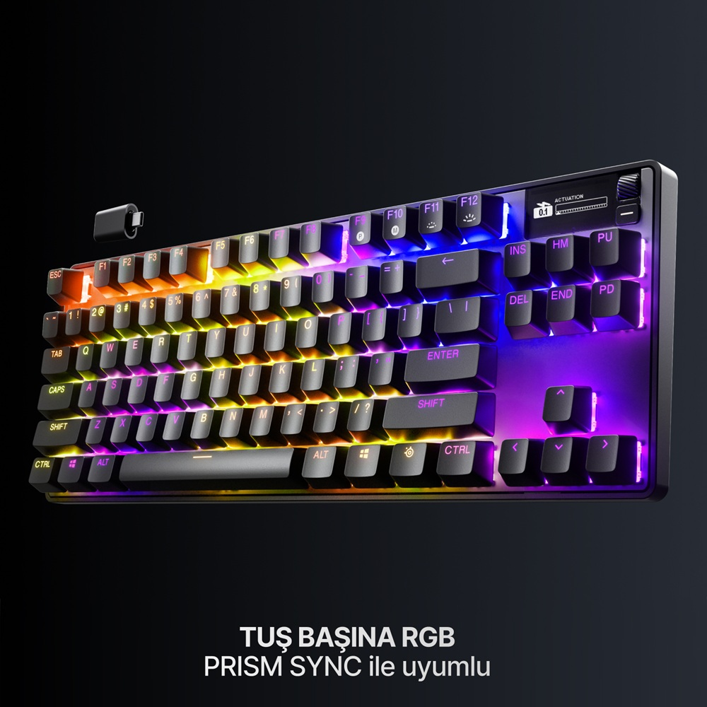 Siyah klavye, soldan sağa turuncudan mora RGB aydınlatmalı.