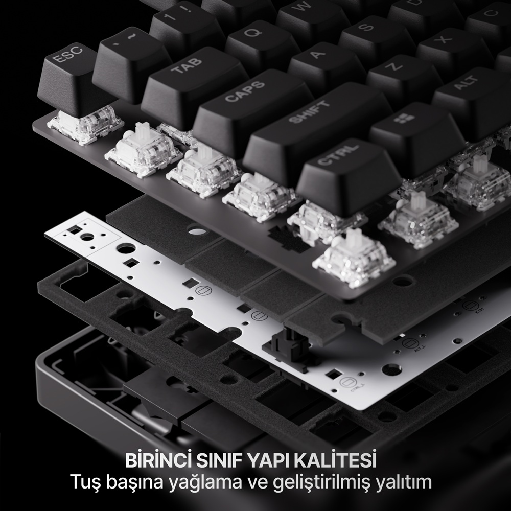Siyah mekanik klavyenin patlatılmış görünümü, köpük ve PCB katmanlarını gösteriyor.