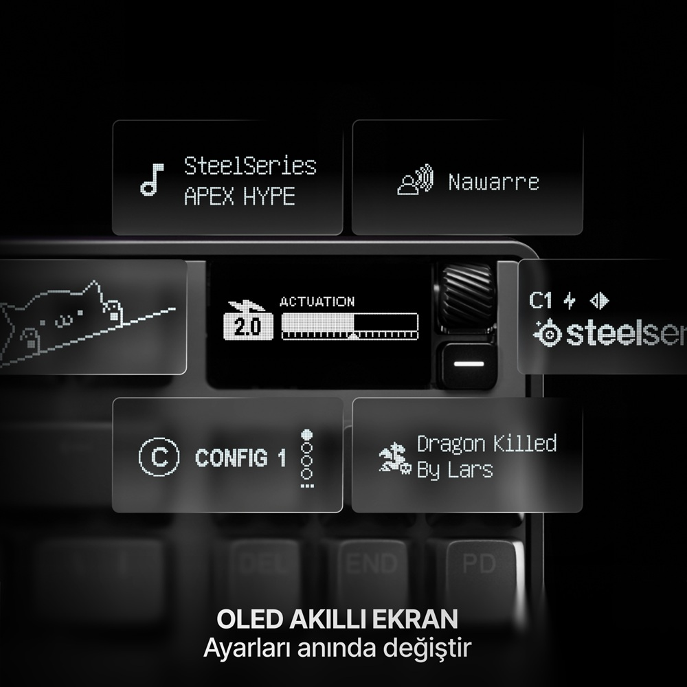 Bir klavyenin OLED ekranı SteelSeries APEX HYPE, Nawarre, yapılandırma ve oyun bildirimlerini gösterir.