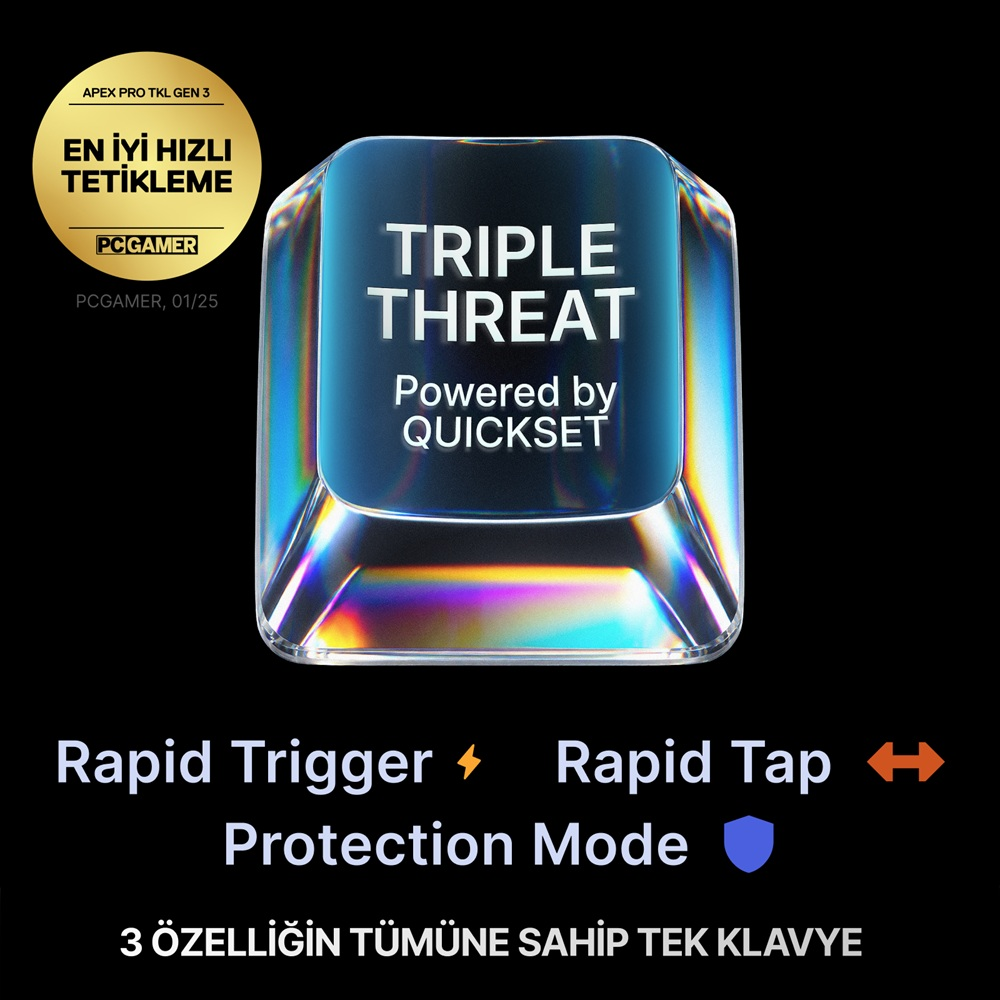 Şeffaf tuş başlığı prototipi, üzerinde 'TRIPLE THREAT' ve 'QUICKSET' yazıyor.
