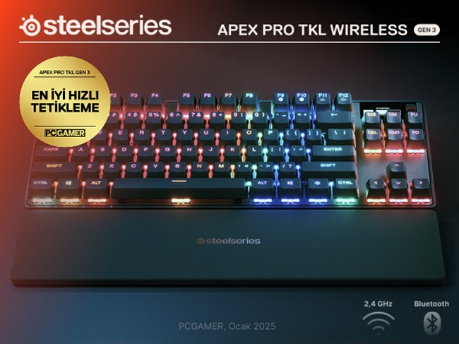 RGB aydınlatmalı ve bilek destekli SteelSeries Apex Pro TKL Wireless klavye.