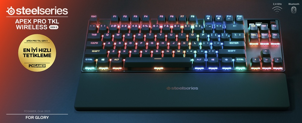 Steelseries Apex Pro TKL Kablosuz Gen 3 klavye, RGB aydınlatmalı ve bilek destekli.