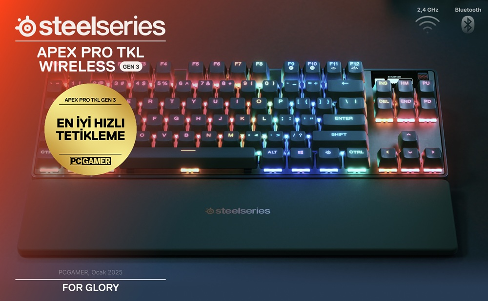 RGB aydınlatmalı ve bilek destekli SteelSeries Apex Pro TKL kablosuz oyuncu klavyesi.