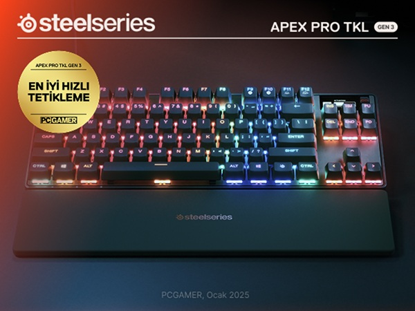 SteelSeries Apex Pro TKL Gen 3 klavye, koyu arka planda RGB aydınlatmalı.