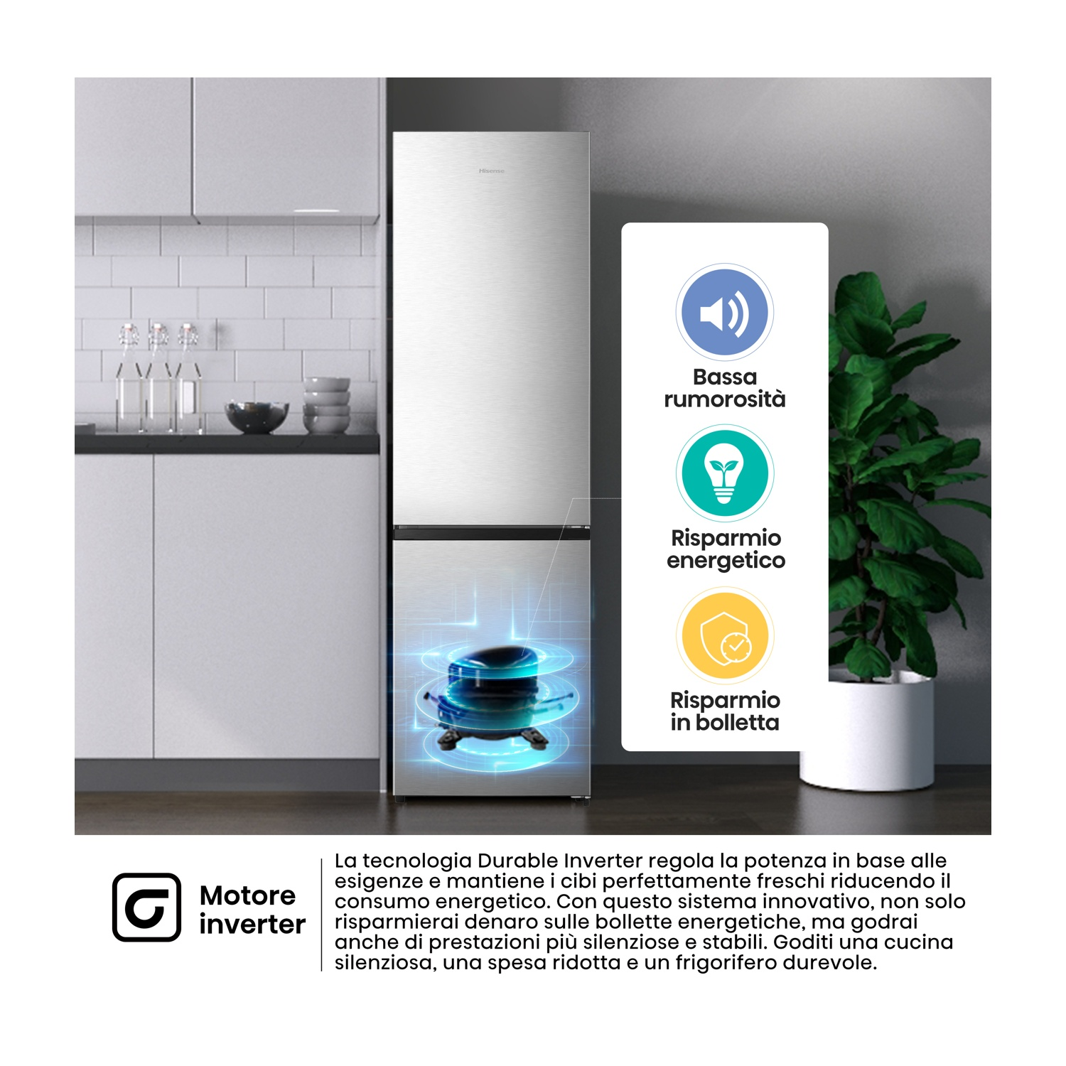 Frigorifero con icona motore inverter, bassa rumorosità, risparmio energetico.