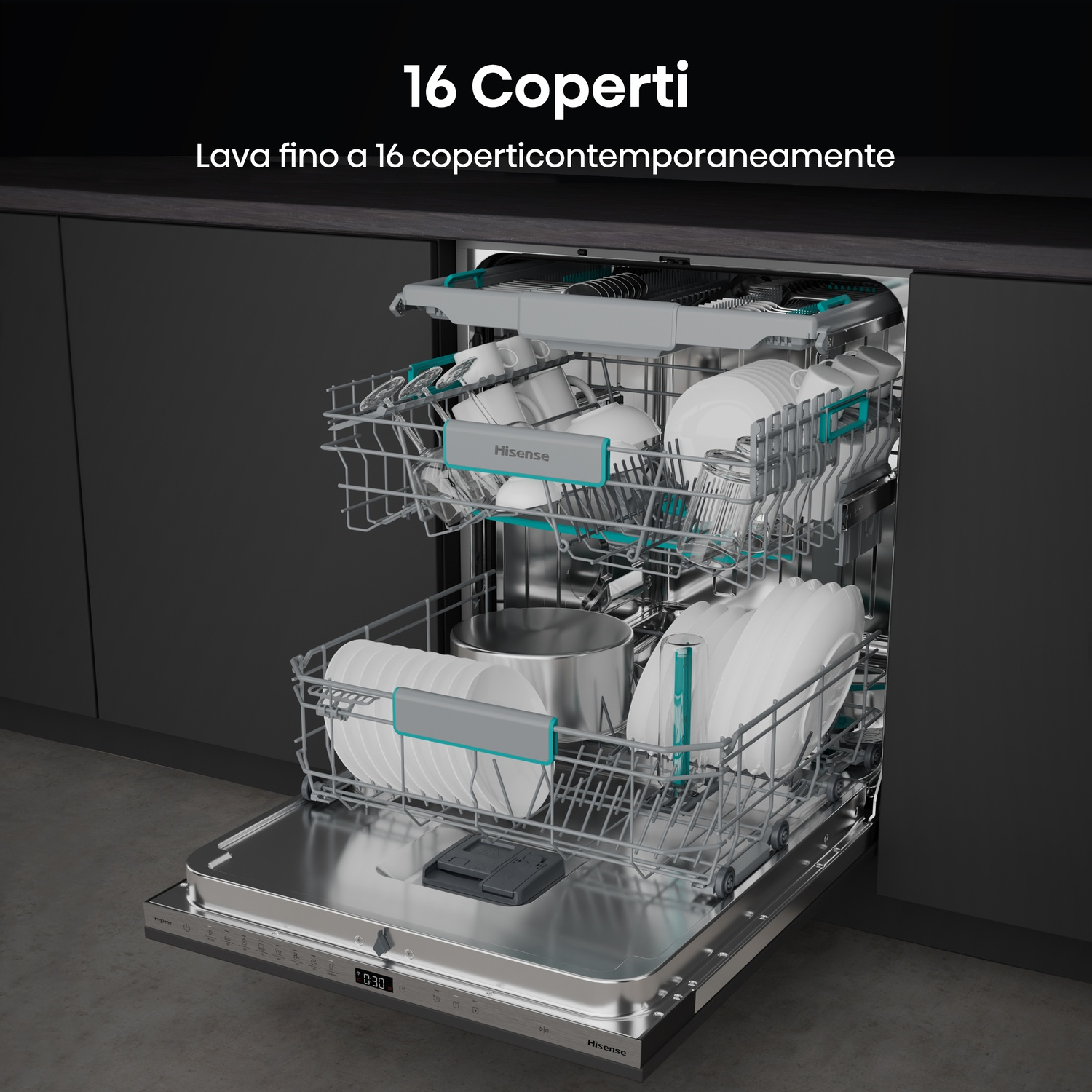 Lavastoviglie con cestelli pieni di piatti bianchi e pentole, aperta.