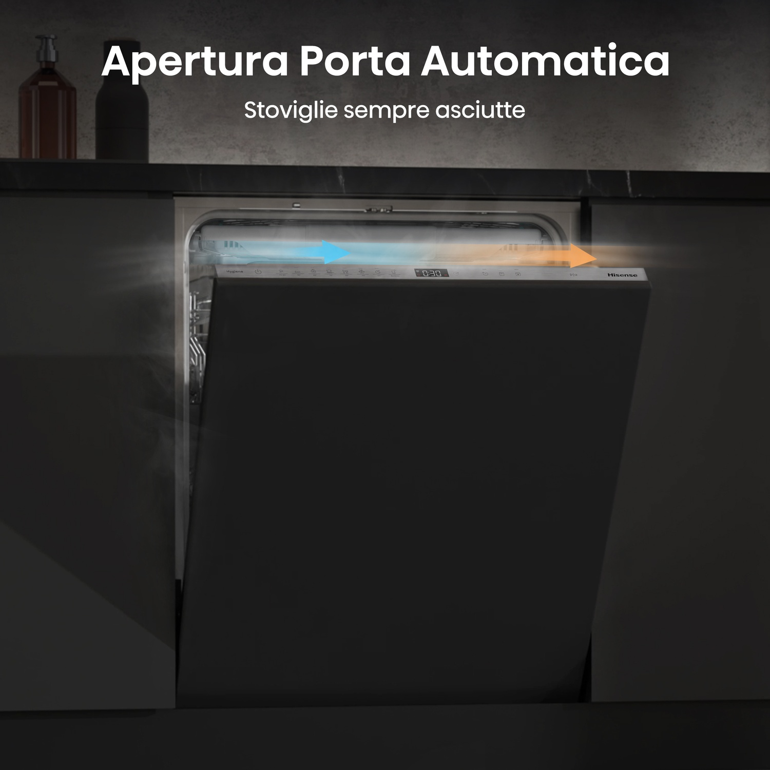 Lavastoviglie con porta ad apertura automatica. Frecce blu e arancioni indicano la circolazione dell'aria.