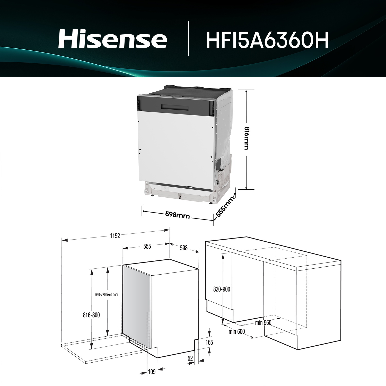 Disegno tecnico di una lavastoviglie Hisense HFI5A6360H con dimensioni.