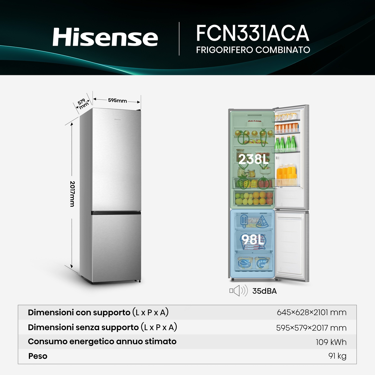 Un frigorifero Hisense argentato con porta aperta, dimensioni e capacità mostrate.