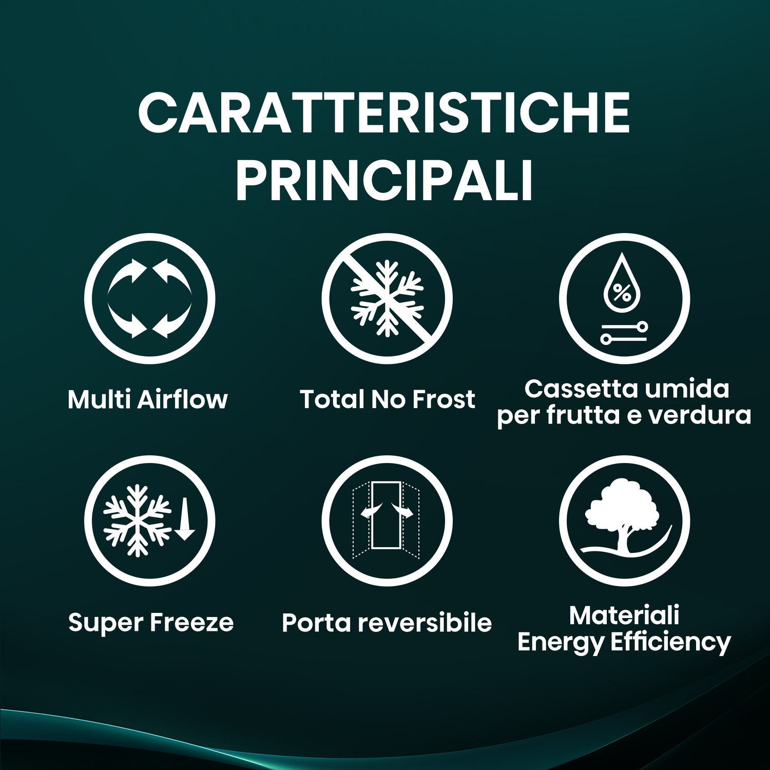 Icone per Multi Airflow, No Frost, Cassetta umida, Super Freeze, Porta reversibile, Efficienza Energetica.