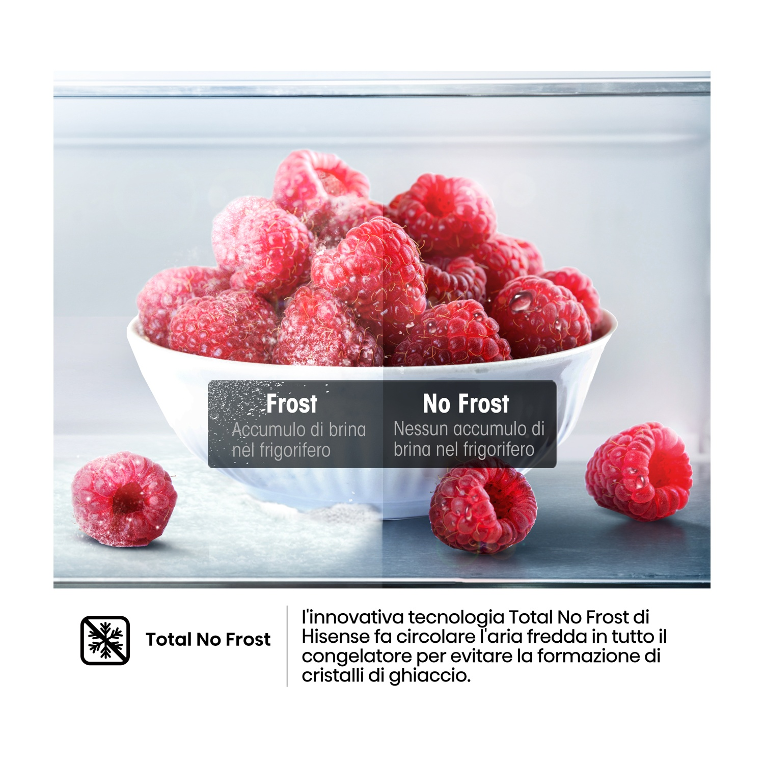 Lamponi in frigo: a sinistra con brina, a destra senza. Logo 'Total No Frost'.