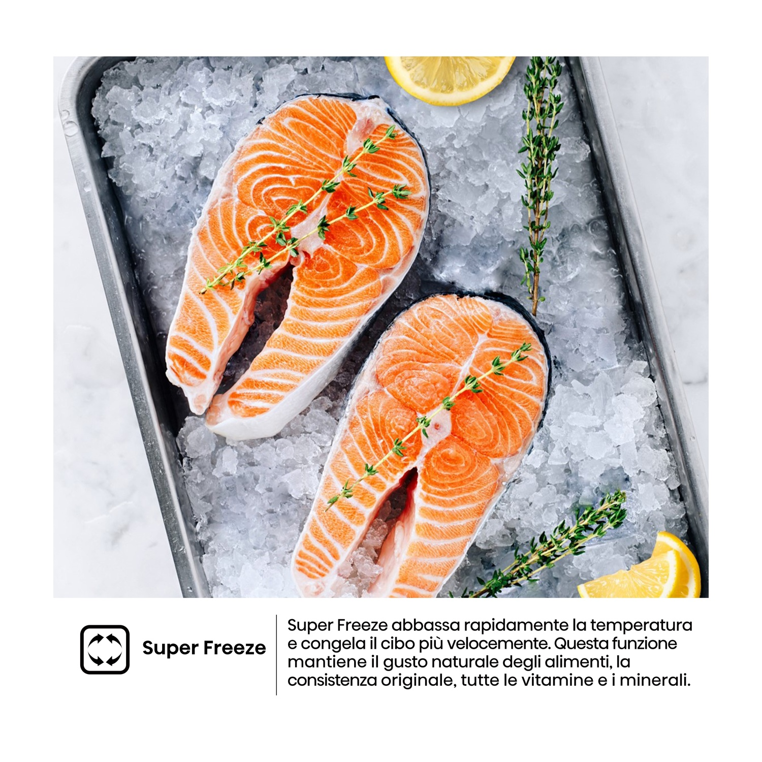 Due tranci di salmone su ghiaccio con limone e timo.