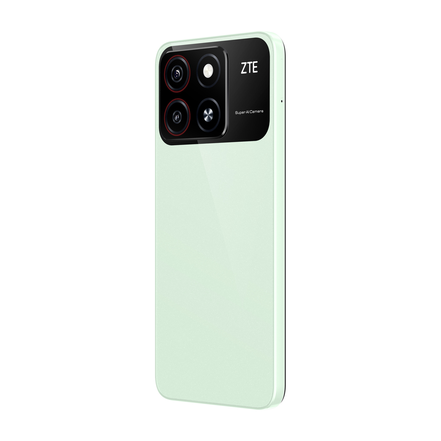 Uno smartphone verde chiaro con quattro fotocamere posteriori.