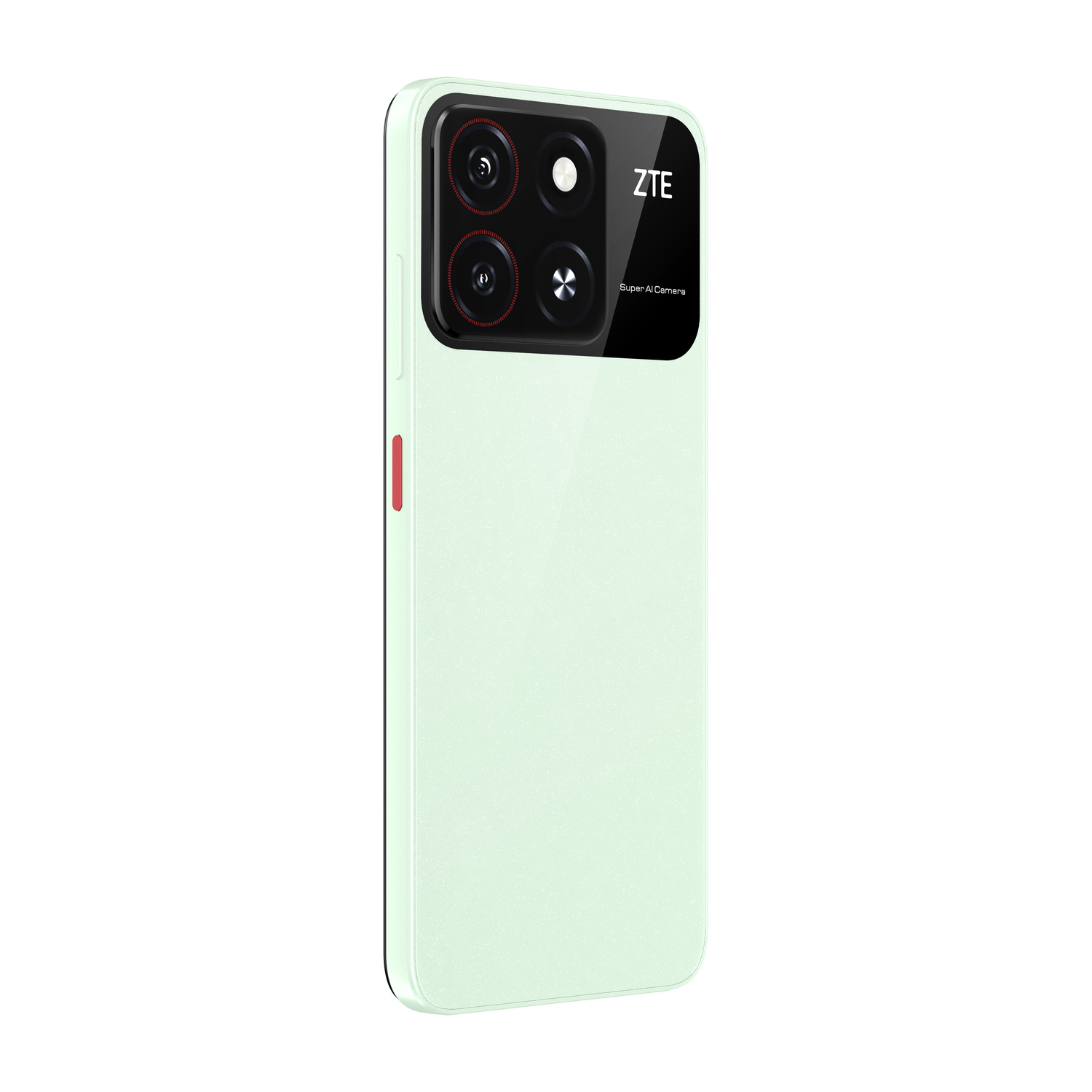 Uno smartphone verde chiaro con tripla fotocamera e logo ZTE su sfondo bianco.