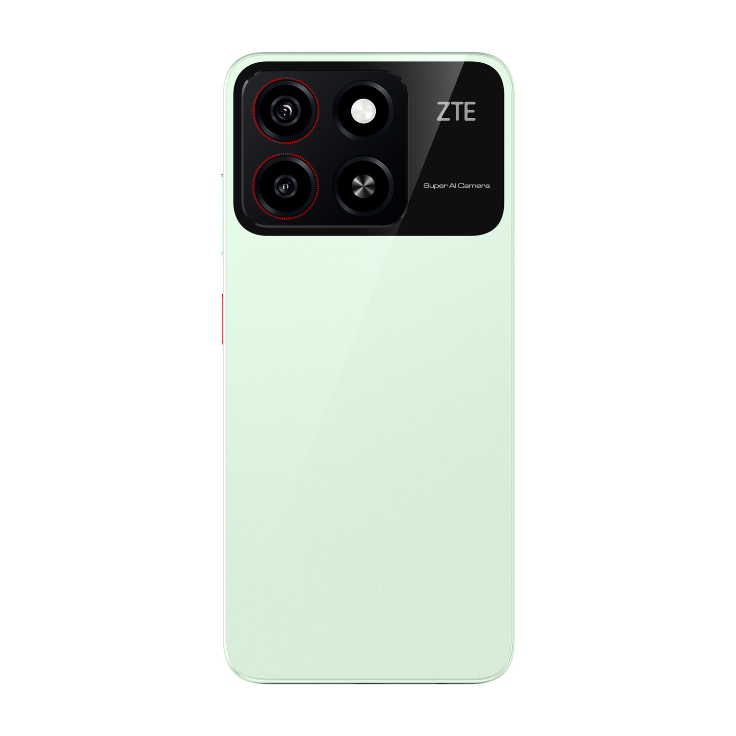 Uno smartphone verde chiaro con modulo fotocamera nero e logo ZTE.