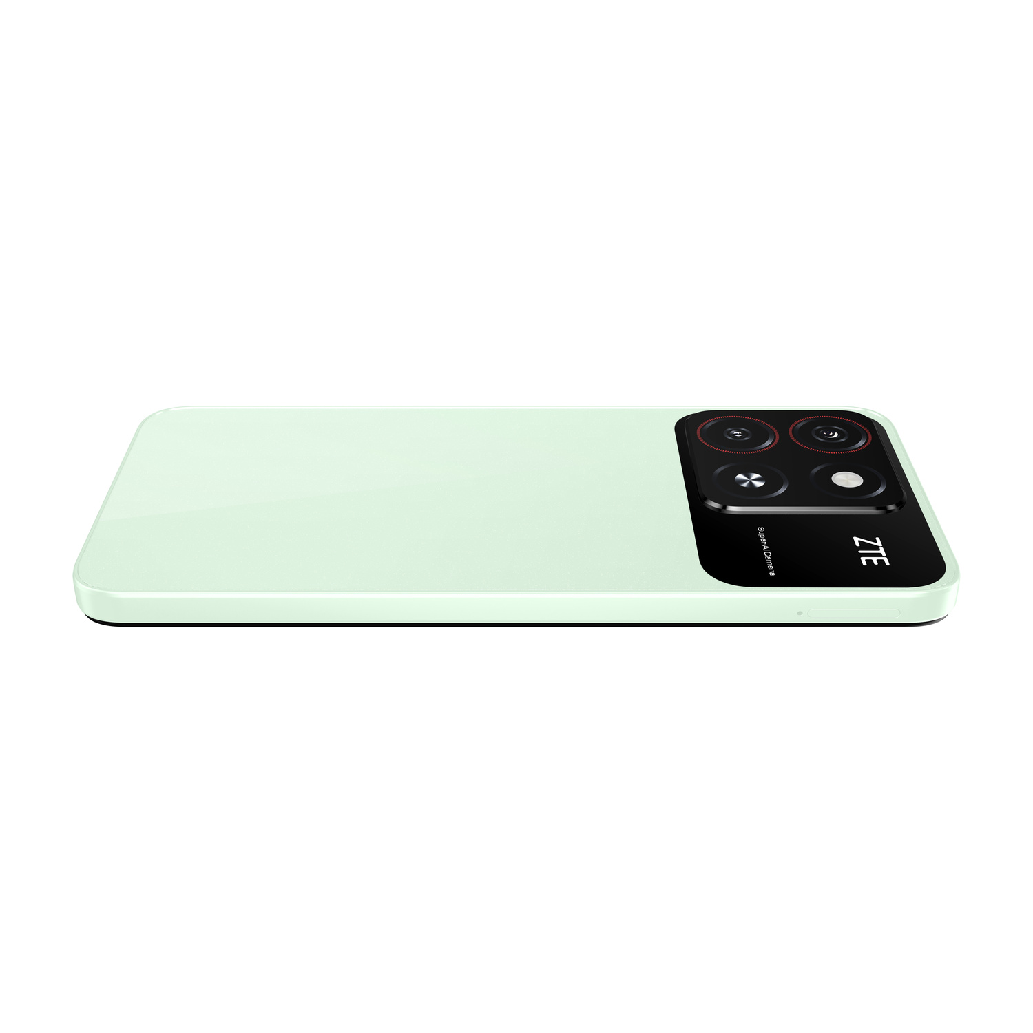 Uno smartphone verde chiaro con modulo fotocamera nero e logo ZTE.