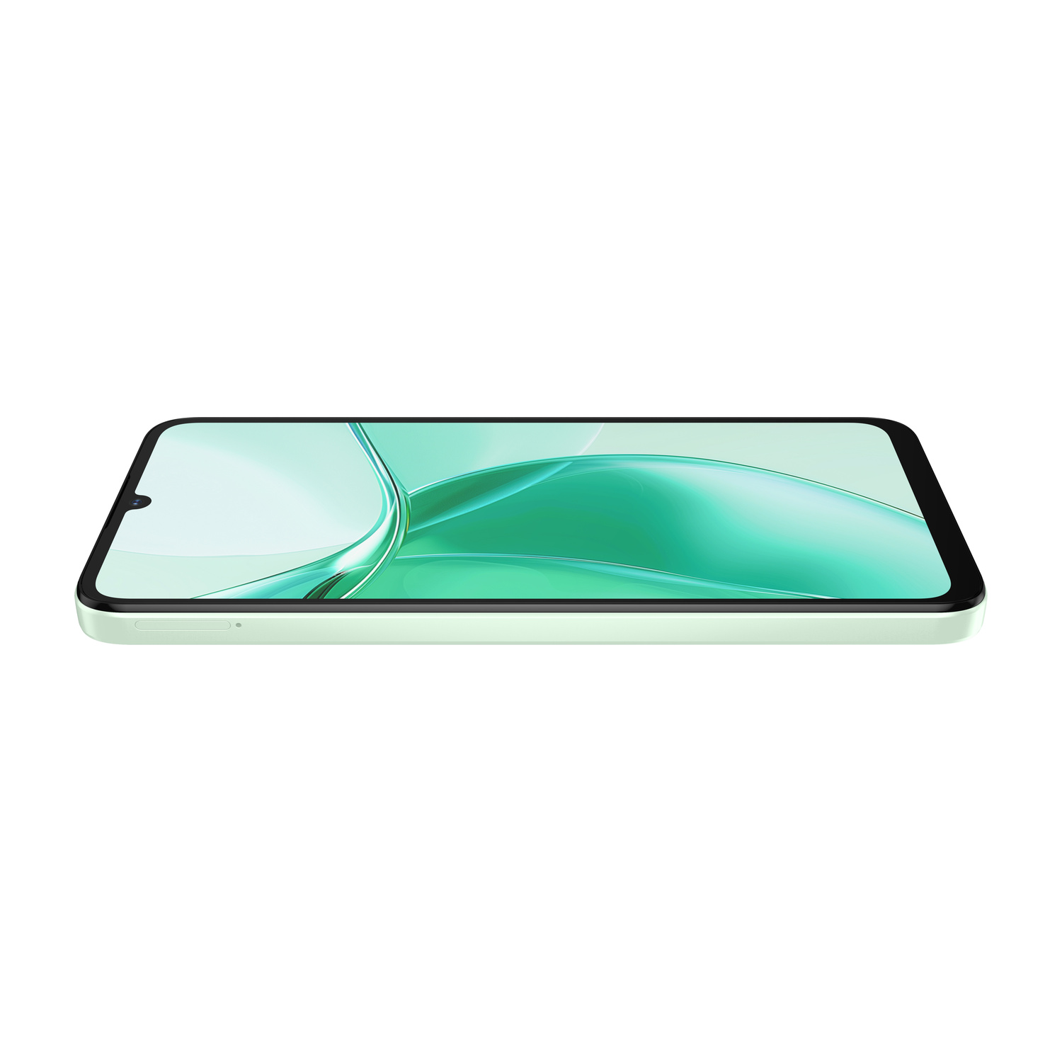 Uno smartphone verde chiaro è appoggiato sul fianco, lo schermo mostra un motivo verde.