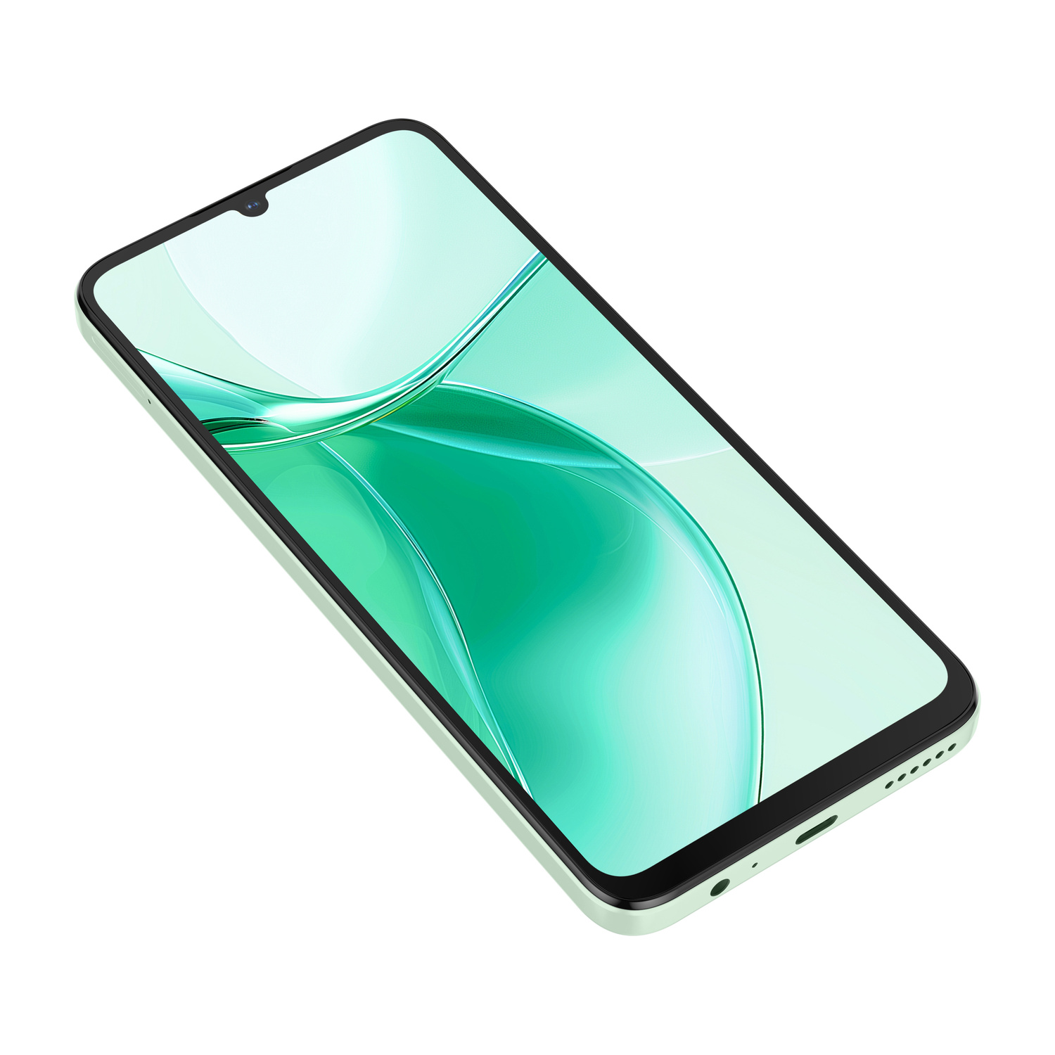 Uno smartphone verde chiaro con notch a goccia e sfondo verde.