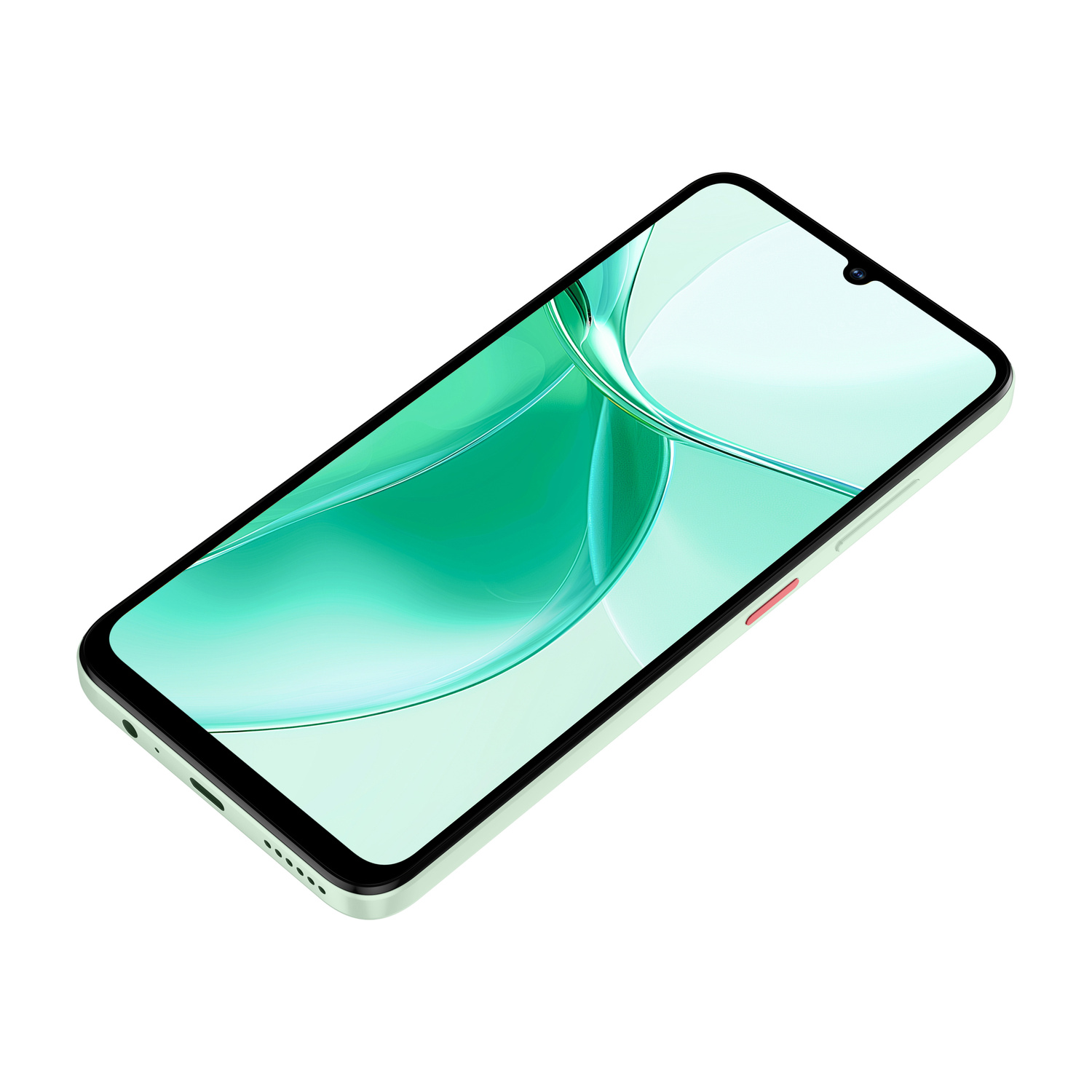 Uno smartphone verde chiaro con uno sfondo astratto turchese sul suo schermo.