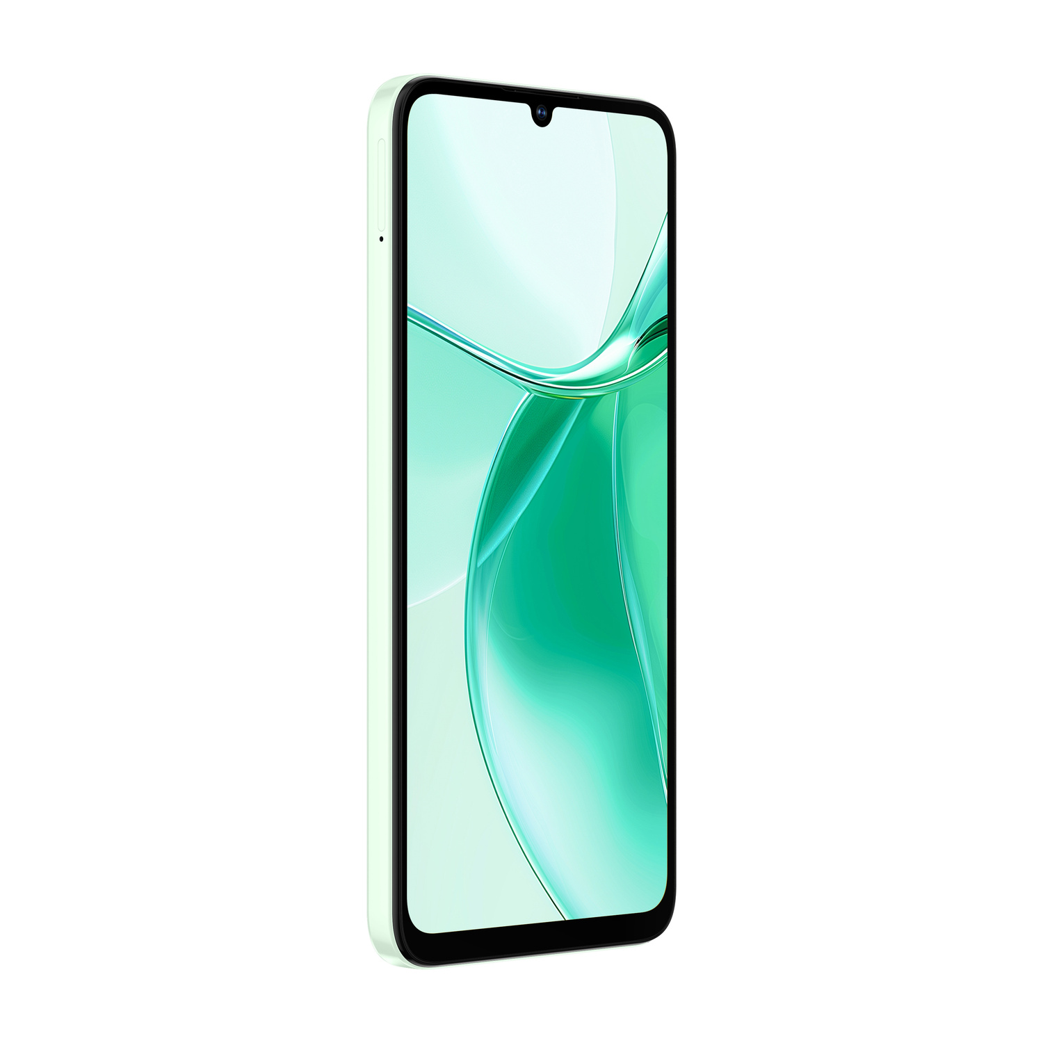 Uno smartphone verde chiaro con angoli arrotondati e notch a goccia. Isolato su bianco.