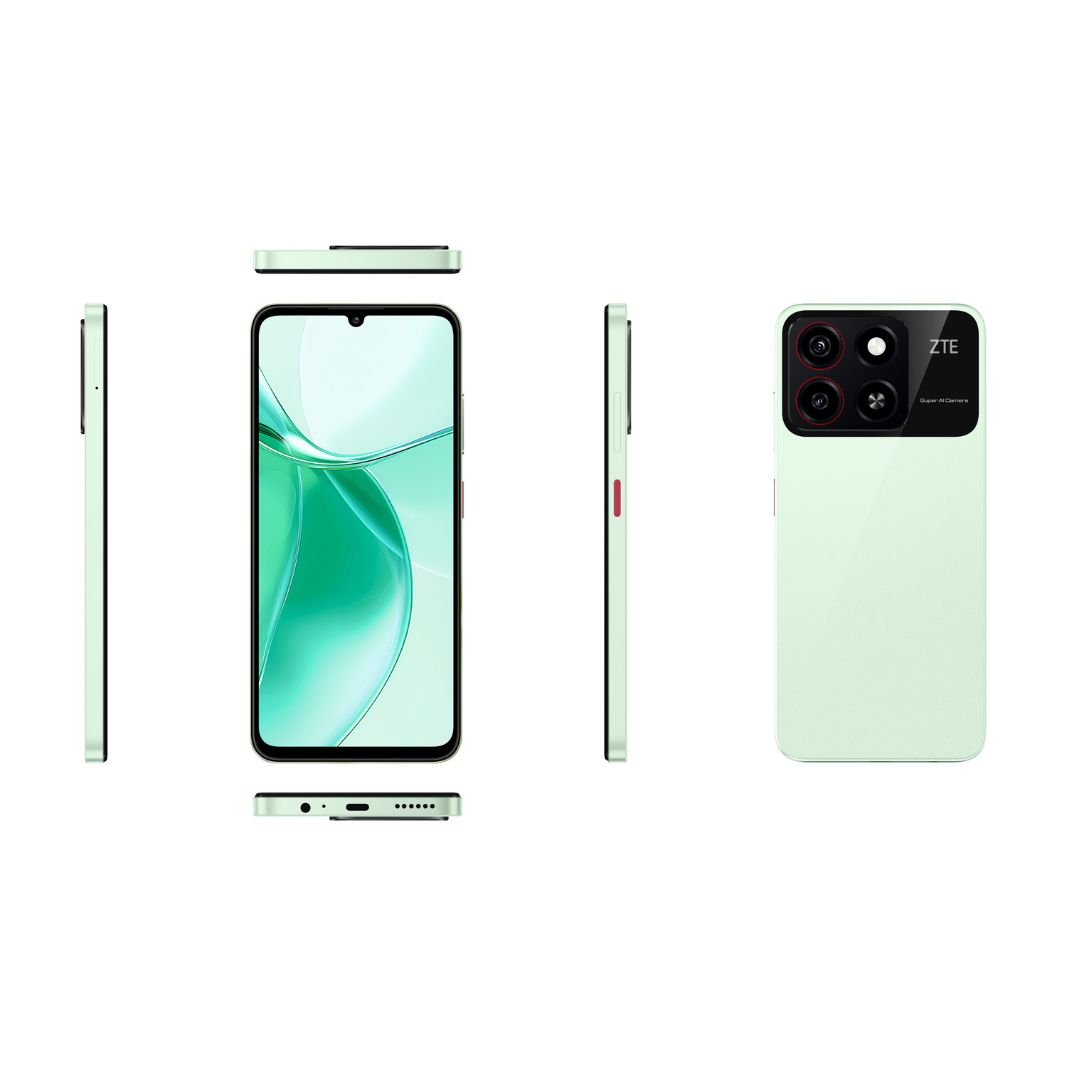 Uno smartphone verde chiaro visto frontalmente, lateralmente e posteriormente.