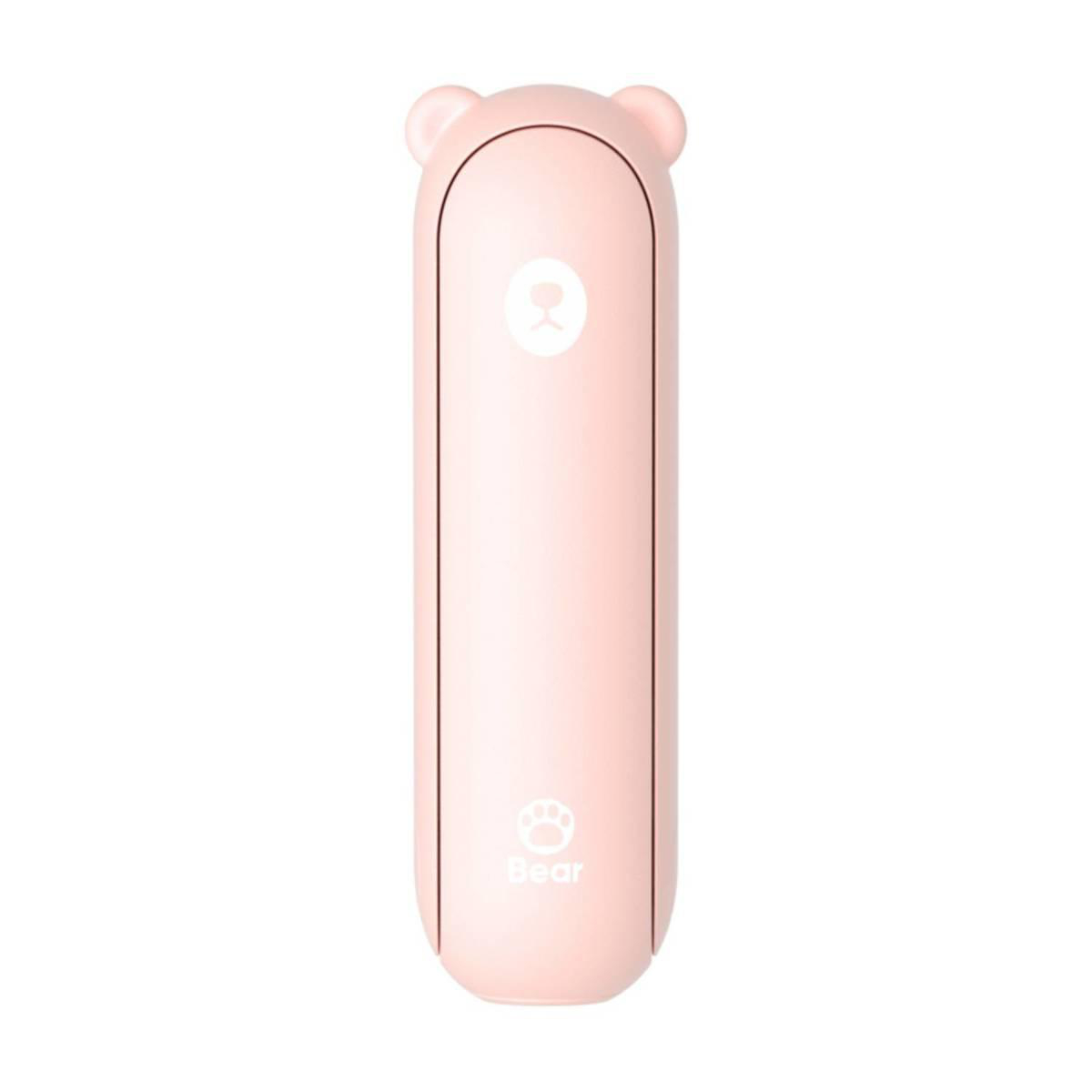 Ein rosafarbener Mini-Ventilator in Bärenform mit Ohren und Pfotenabdruck-Logo.