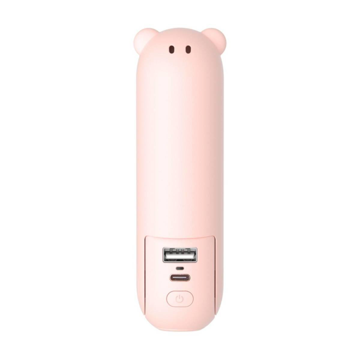 Ein rosa Gegenstand mit Bärenohren, zwei Augen und USB-Anschlüssen.