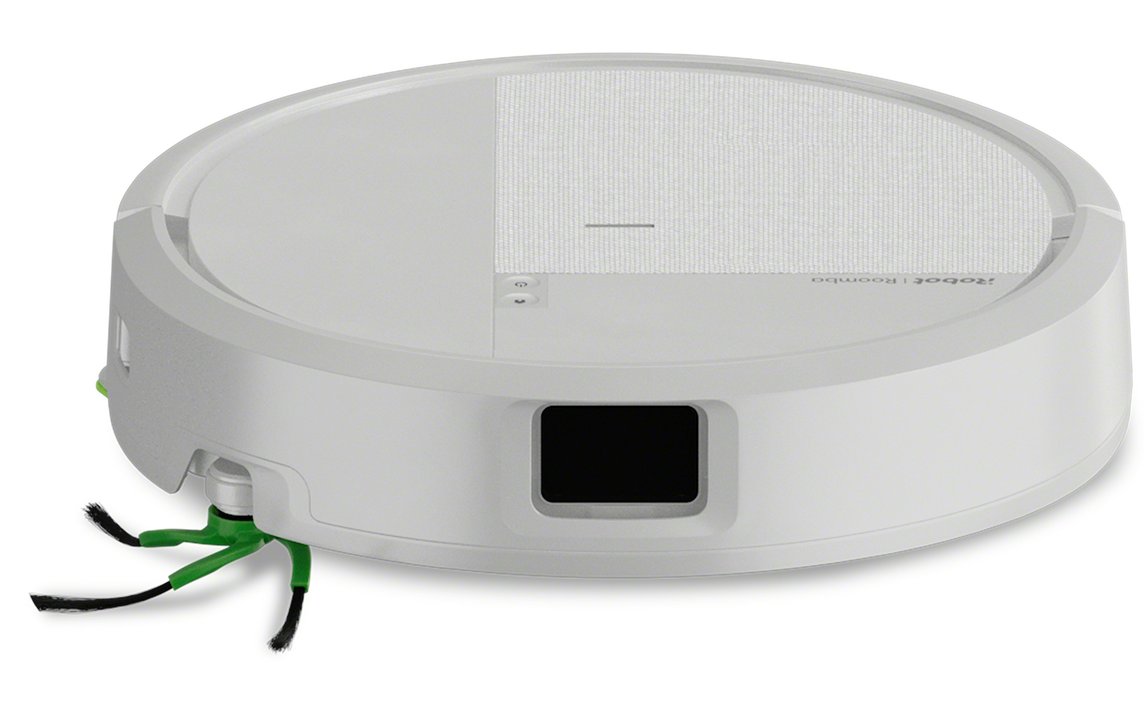 Ein weißer Saugroboter mit grünen Bürsten und einem schwarzen rechteckigen Sensor.