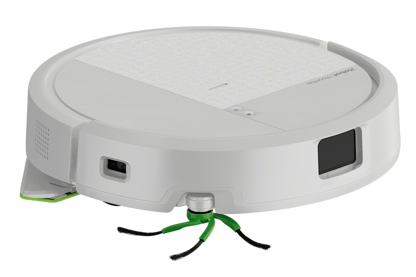 Ein runder, weißer Saugroboter mit grünen Borsten und einem schwarzen Sensor.
