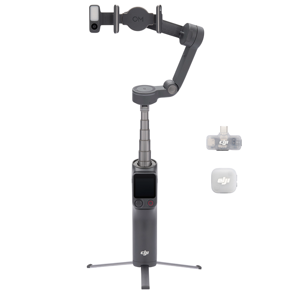 Uzatılabilir çubuklu, küçük ekranlı, iki düğmeli ve üç ayaklı tabanlı gri gimbal.