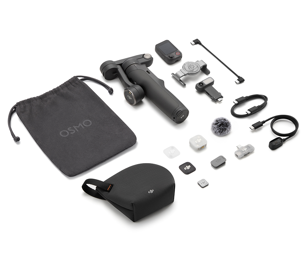DJI Osmo aksesuarları: gimbal, çanta, kablolar, mikrofon ve adaptörler beyaz zeminde.