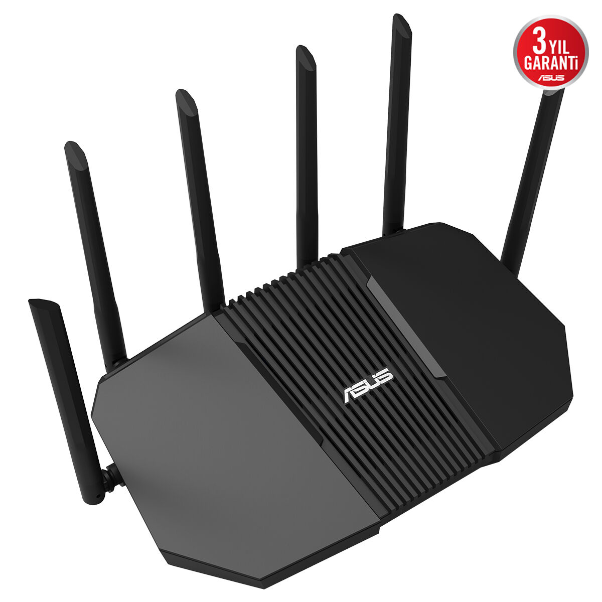 Altı antenli siyah ASUS router, üzerinde '3 Yıl Garanti' ibaresi.