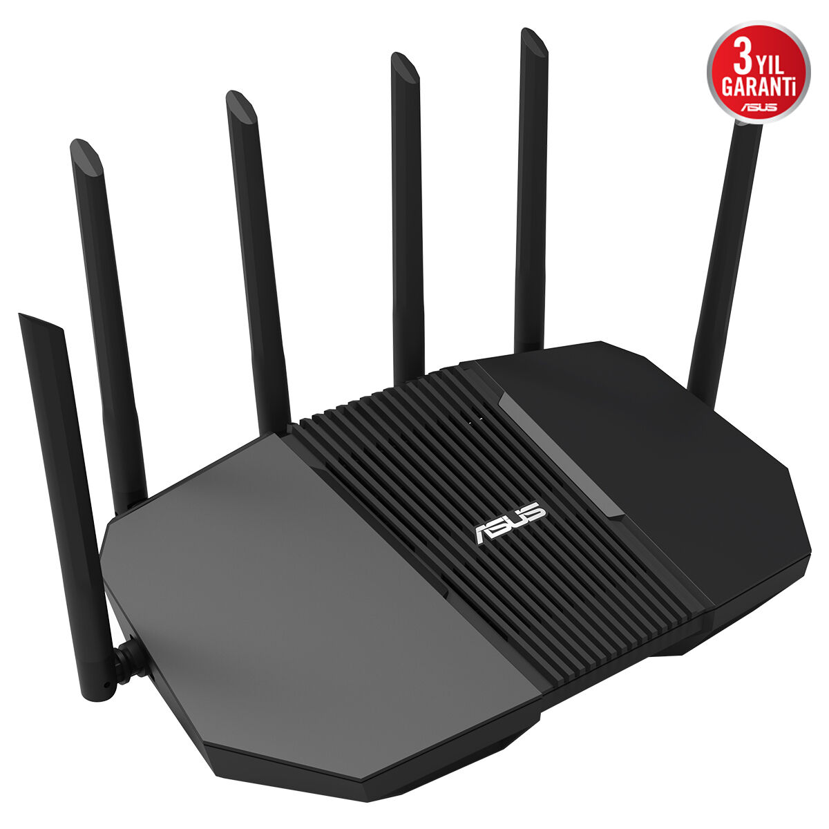 Altı antenli siyah Asus router ve 3 yıl garantili etiketi.