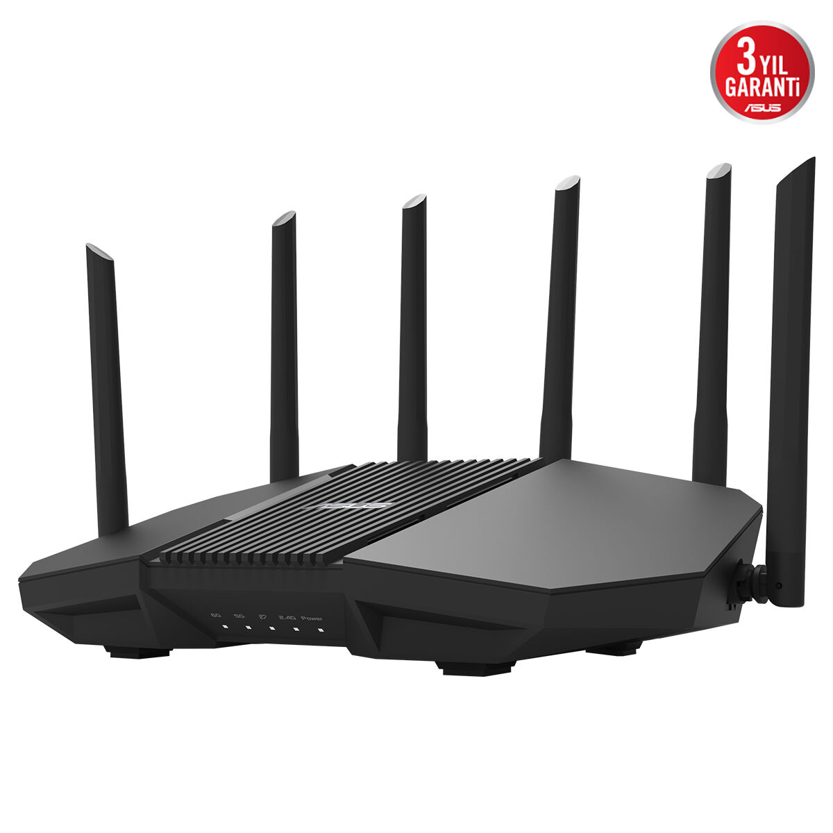 Altı antenli siyah Asus router ve üzerinde 3 yıl garanti yazan kırmızı mühür.
