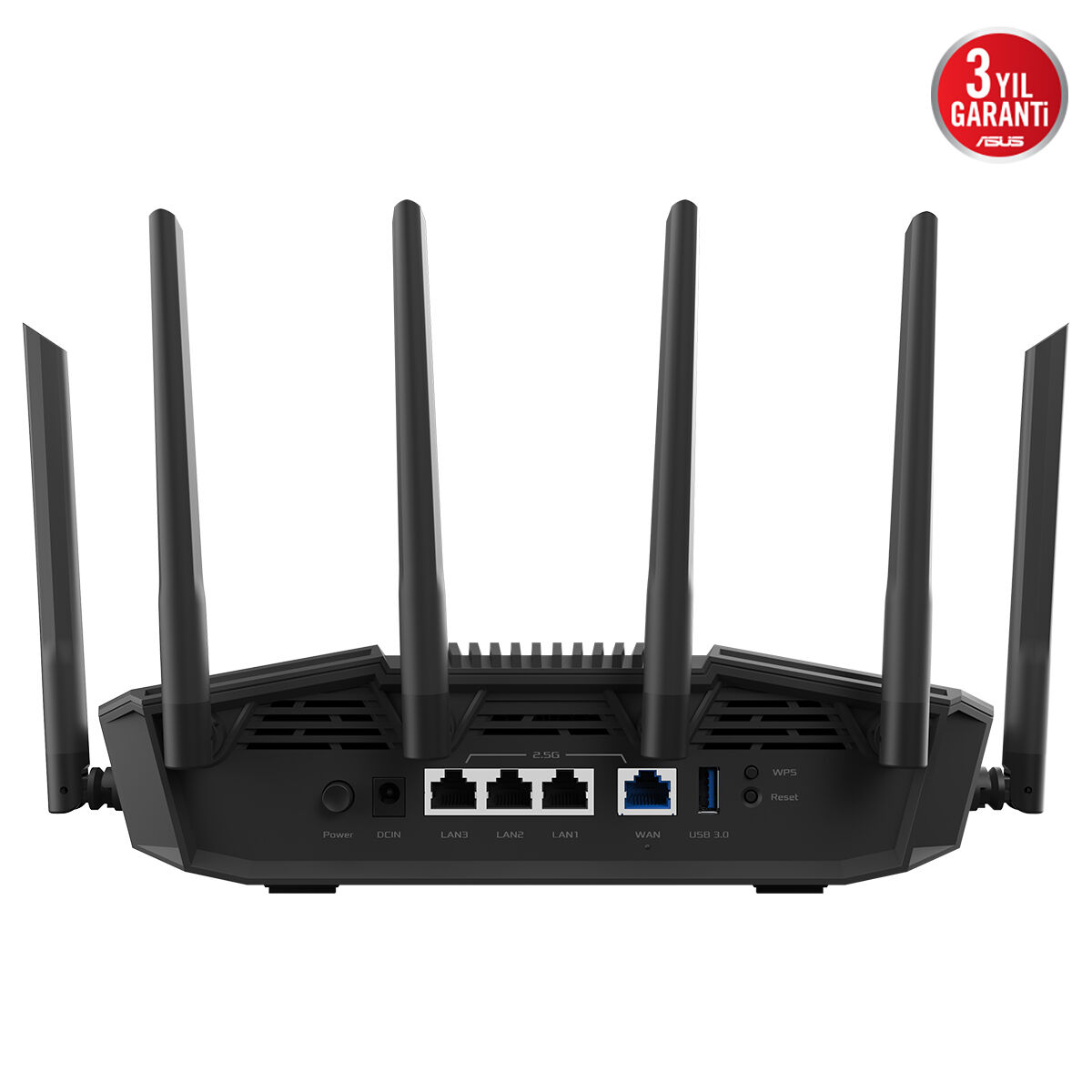 5 antenli, çeşitli portlu, kırmızı garanti etiketli siyah ASUS modem.