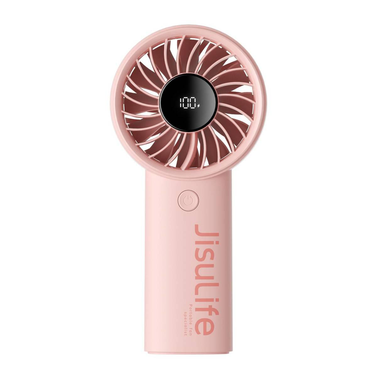 Ein rosafarbener tragbarer Ventilator mit einem digitalen Display, das 100% anzeigt.