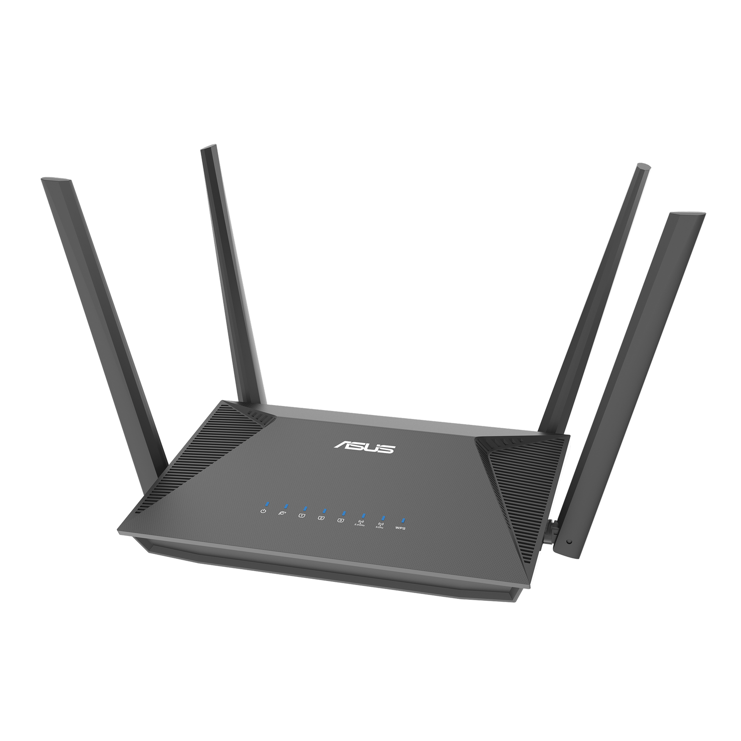 Un router ASUS gris con cuatro antenas e indicadores LED azules.
