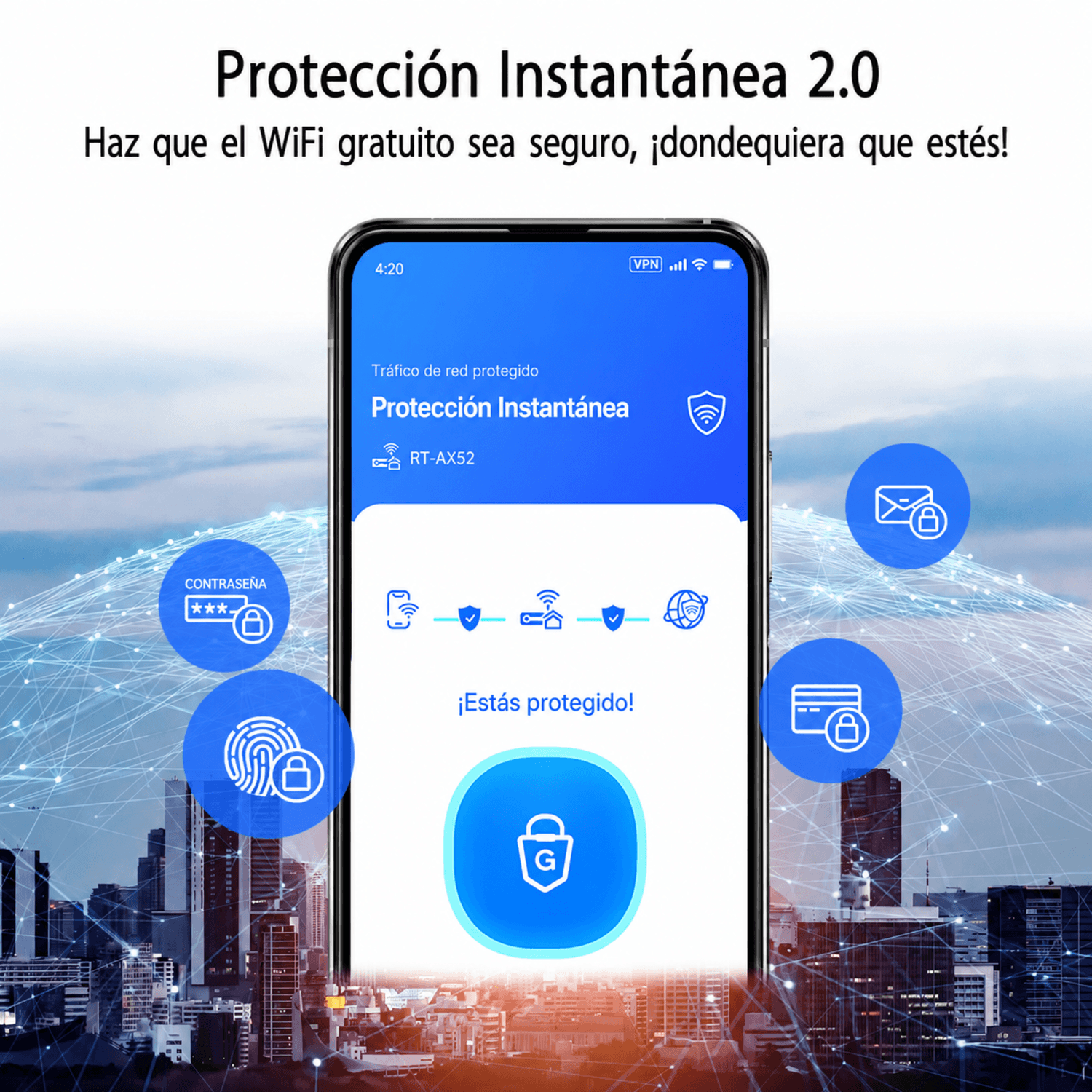 El smartphone muestra app con protección VPN para WiFi gratis. Iconos de seguridad.