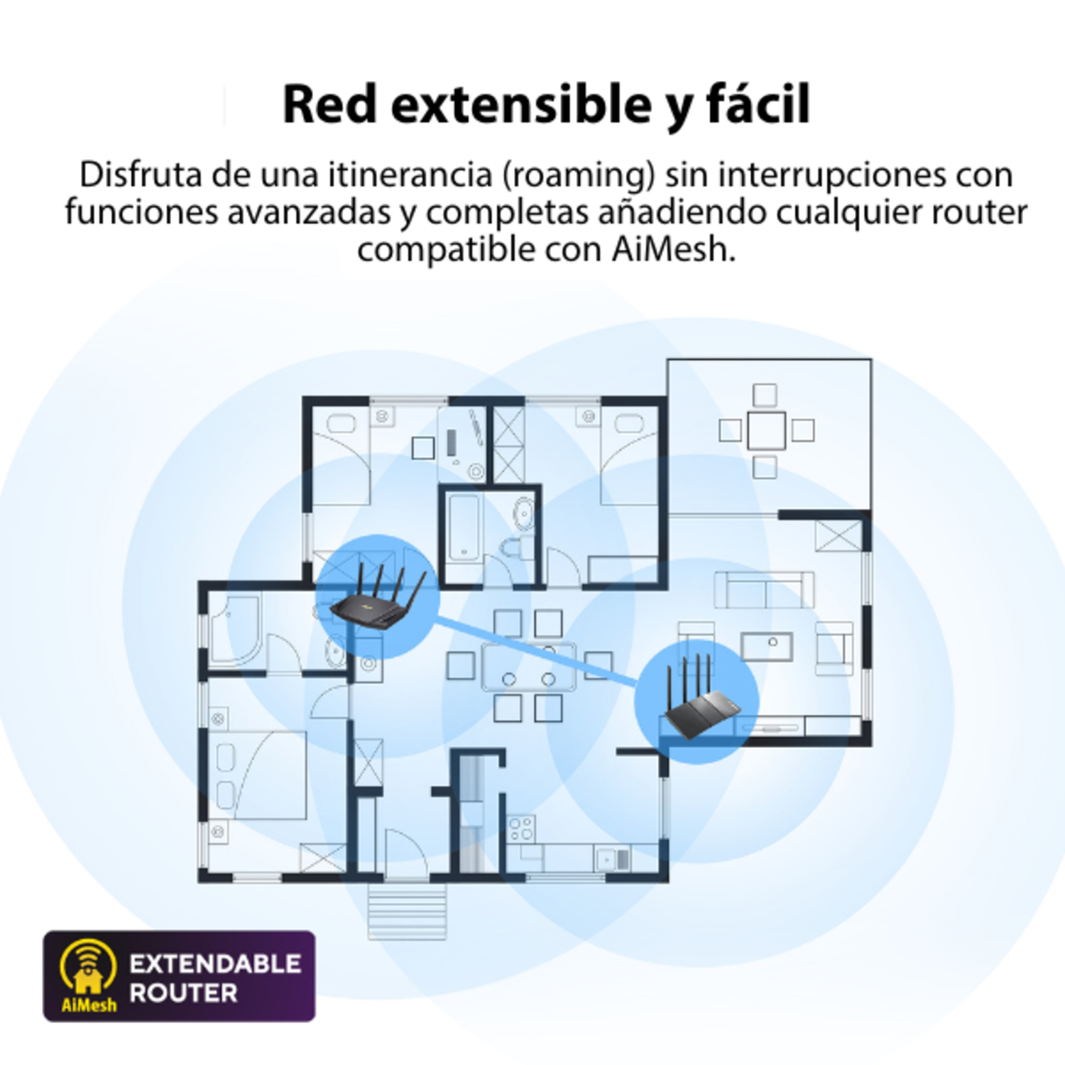 Plano de una casa con dos routers y cobertura de señal.
