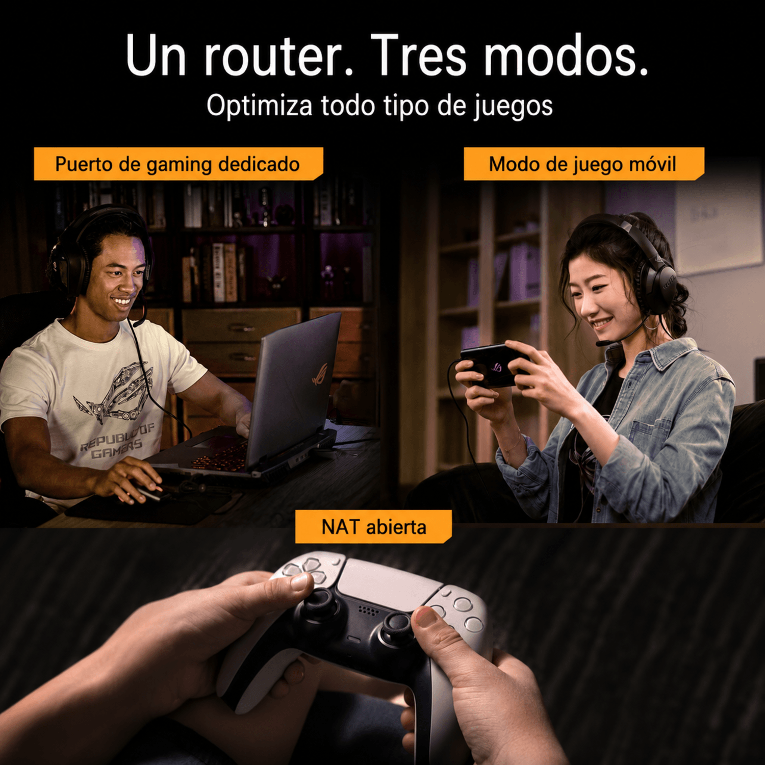 Hombre con auriculares juega en portátil, mujer juega en móvil, mano sostiene mando. Gaming.