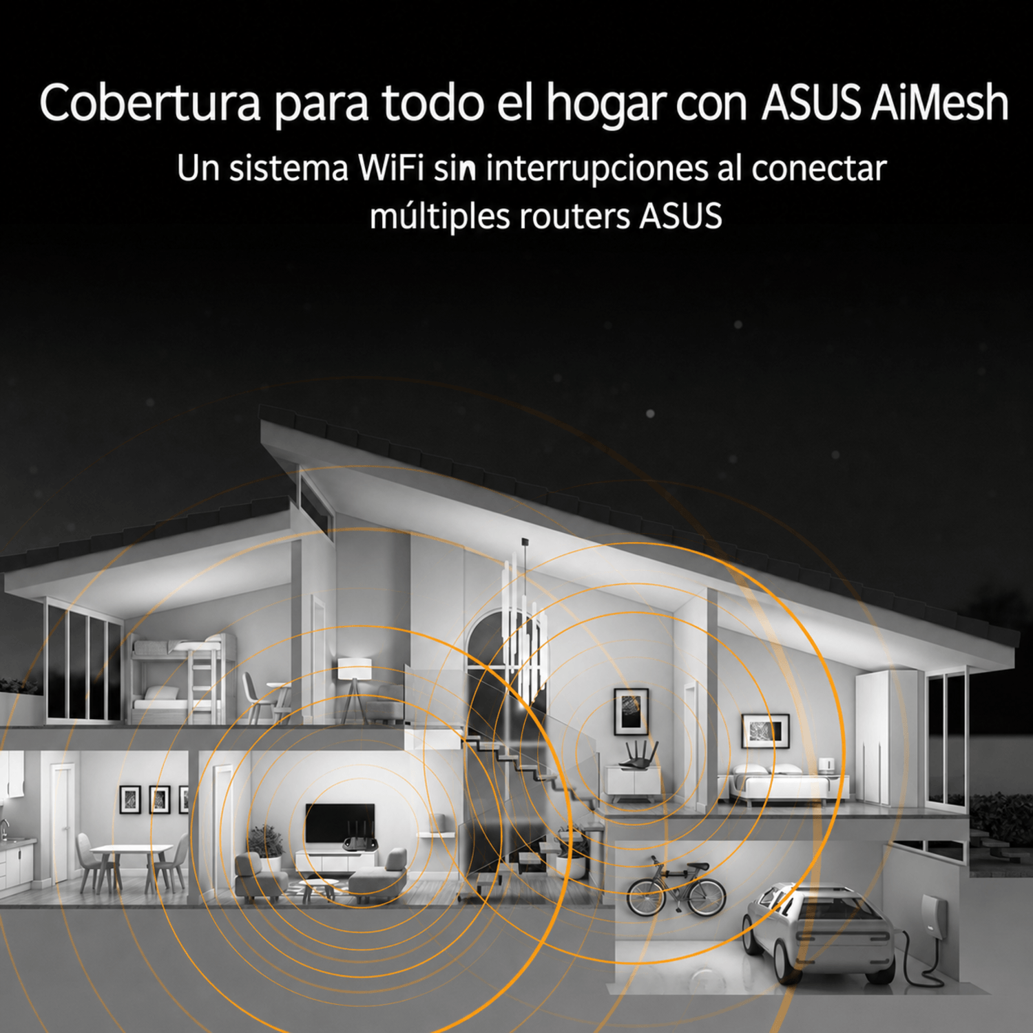 Sección transversal de casa con ondas de señal WiFi cubriendo cuartos.