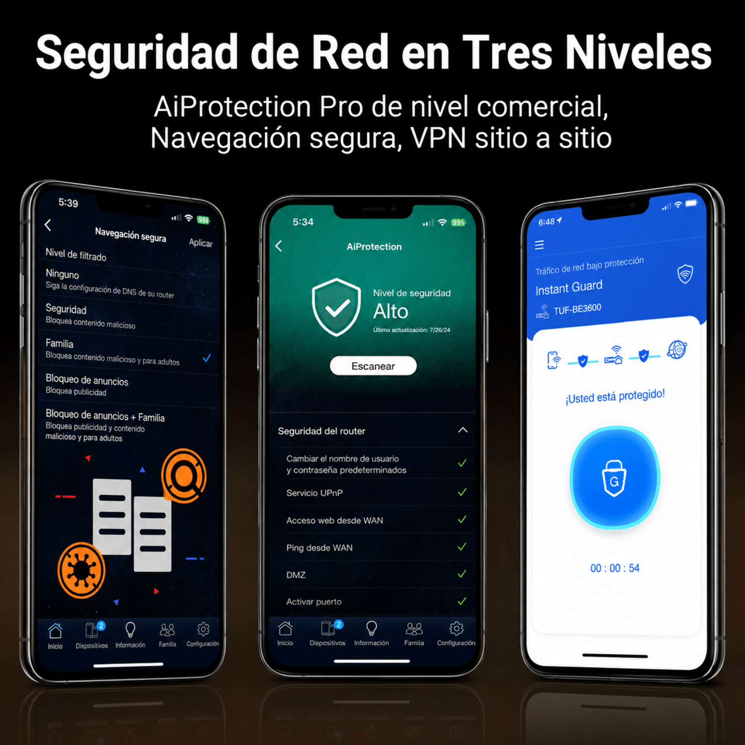 Tres iPhones muestran apps de seguridad de red: AiProtection e Instant Guard.