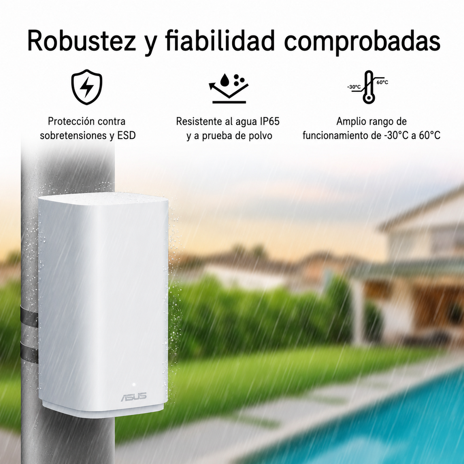 Dispositivo Asus blanco en poste bajo la lluvia. Texto detalla durabilidad y rango temp.