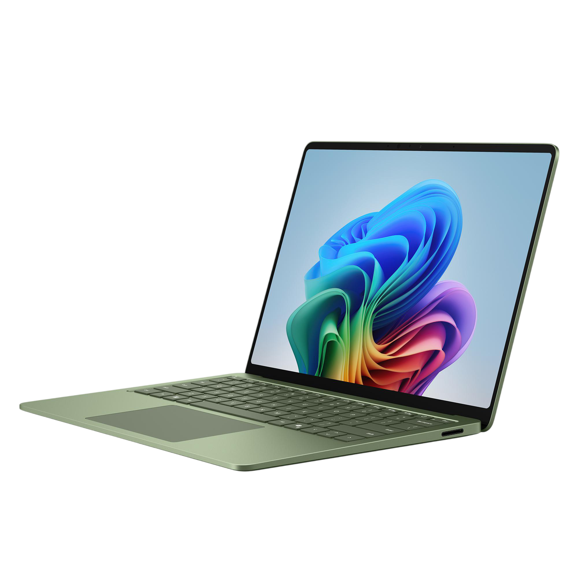 Ein hellgrünes Laptop mit einem bunten, abstrakten Hintergrund auf dem Bildschirm.